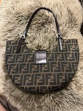 Fendi handbag, Zucca pattern, Mamma Bucket, half-moon design, brown. #QY4Q2X
