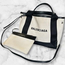 BALENCIAGA NAVY Cabas XS Tote Bag White Black Canvas With Pouch From Jap #QYB6T0