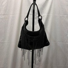 VERSACE Metal Chain Fringe Leather Shoulder Bag Black Purple #QY32IV