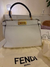 FENDI Peekaboo Selleria Medium White Navy Grained Calf #QYIWWU