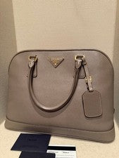 PRADA Saffiano Leather Handbag ARGILLA Beige Gray W-size Italy From Japa #QY0902