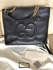GUCCI Jumbo GG Chain Tote Black Calf Leather Handbag Hard to Find #QYL99L