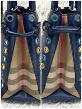 BURBERRY Nova Check 2WAY Navy Leather Handbag Mirror Patch Hard to Find #QY0OXA