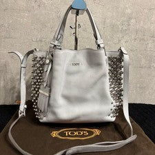 TOD'S 2-way handbag/shoulder bag, flower design, gray with studs. #QYDQFX