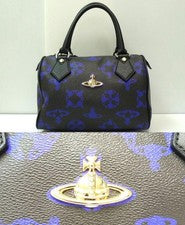 Vivienne Westwood Mini Boston Bag, Logo Mania, Black x Blue #QYC1EM