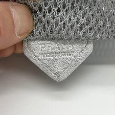 PRADA mesh hand tote bag with triangular logo, silver, lightweight. #QYEU9S
