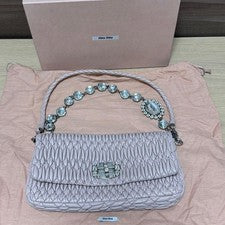 MIU MIU Pink Quilted Flap Handbag Crystal Stone Handle #QY6A8P