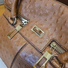 Max Mara Brown Ostrich-Embossed Leather Handbag Gold HW Large Dustbag #QY85DW
