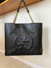 GUCCI Jumbo GG Chain Tote Black Calf Leather Handbag Hard to Find #QYL99L