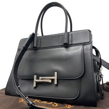 TOD'S Double T 2-way Handbag Leather Black Women #QY6031
