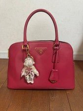 PRADA Saffiano Gloss Pink Leather Handbag Charm Strap Medium #QYCHB4