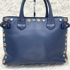 BURBERRY Nova Check 2WAY Navy Leather Handbag Mirror Patch Hard to Find #QY0OXA